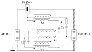 IEC61000-4-6_無遮蔽平衡対線で使用するCDN-T2 回路の略図例